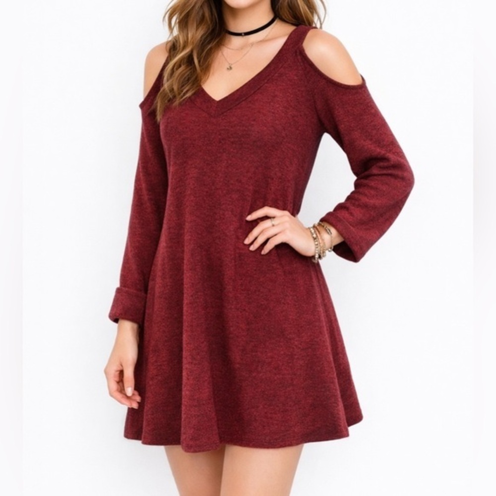 Everly Burgundy Red Cold Shoulder Soft Knit Holiday Party Dress Valentines Day S